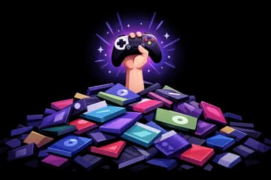A hand rising from a pile of games, holding a controller